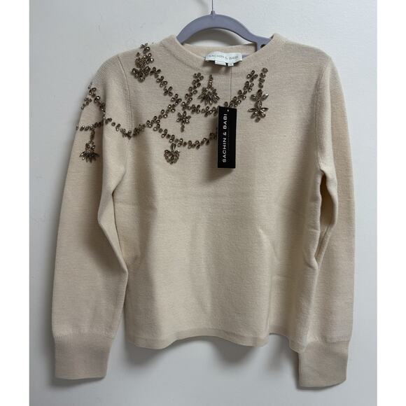 Sachin and Babi Charmaine Knit Embellished Merino Wool Sweater Honey Medium NWT - Picture 3 of 9